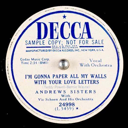 I'm Gonna Paper My Walls With Your Love Letters-Andrews Sisters, DECCA  Promo copy record label
